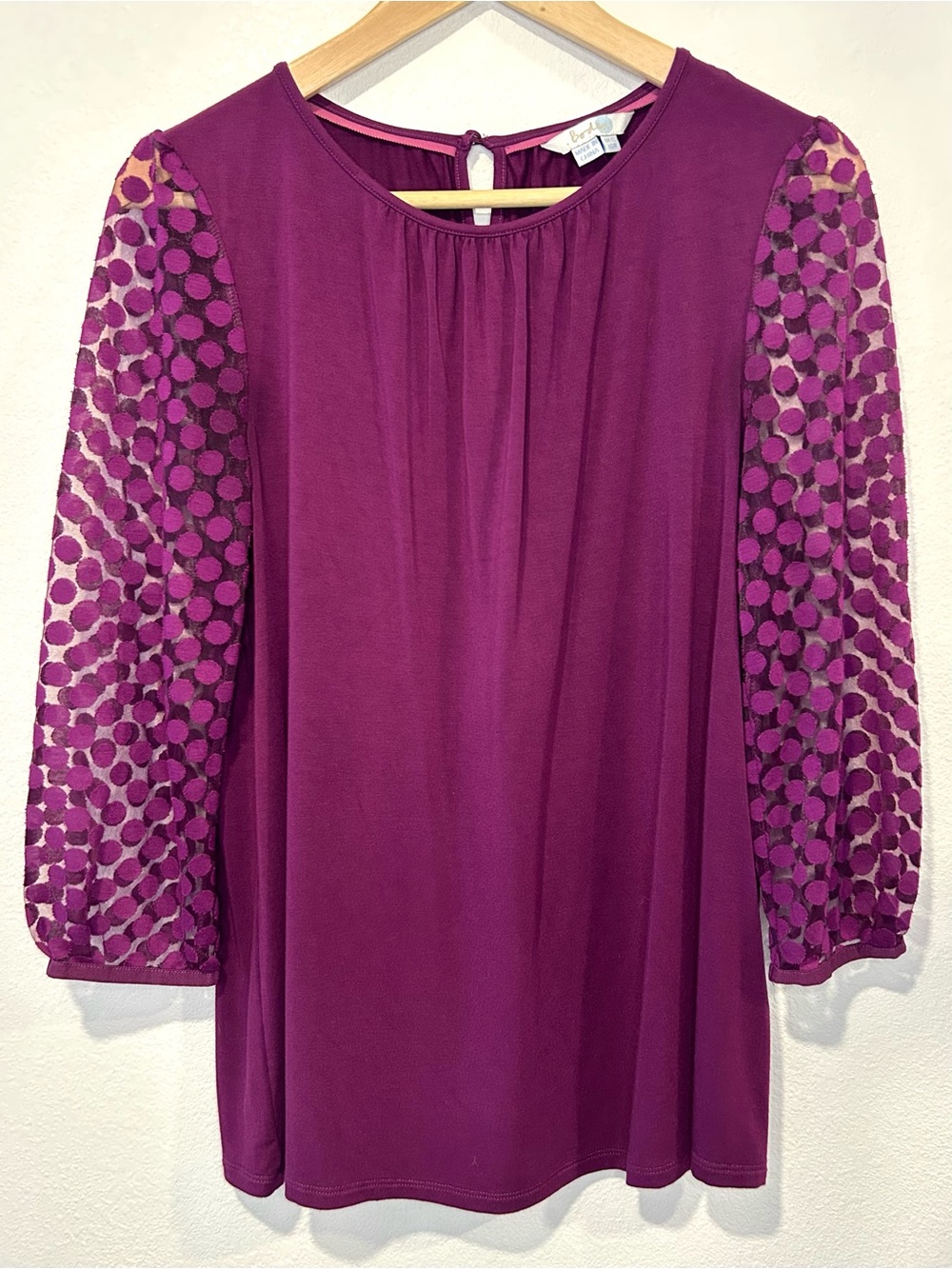Boden Aurora Purple Knit Top Polka Dot Sheer  Sleeves British Style Size 8